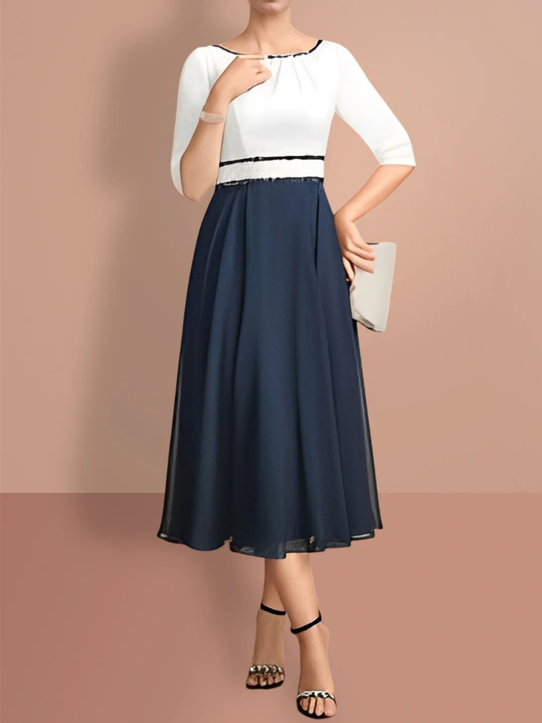 Elegant A-line knee-length dress with half sleeves and a round neckline, suitable for formal occasions.