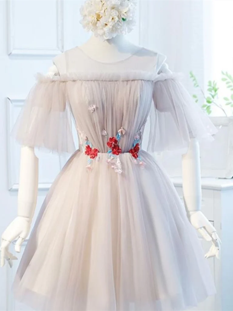 Elegant A-Line short prom dress with 3D flower appliques, round neck, and half sleeves.