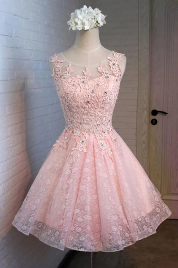 Elegant A-line lace beaded homecoming dress.