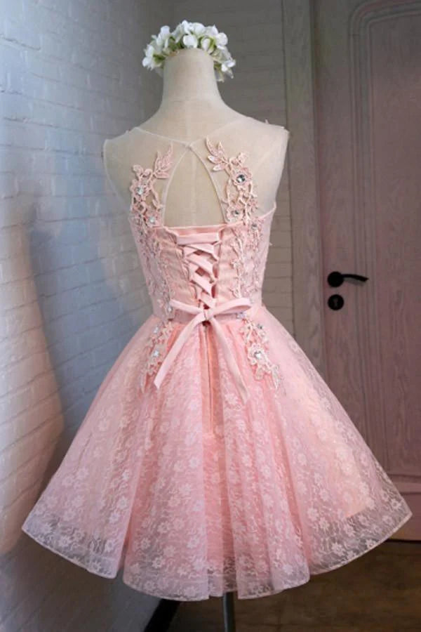 Elegant A-line lace beaded homecoming dress.