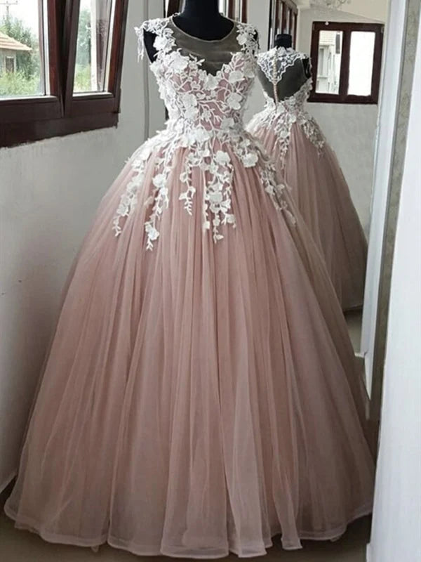 Woman wearing an elegant A-line round neck lace long maxi prom gown.