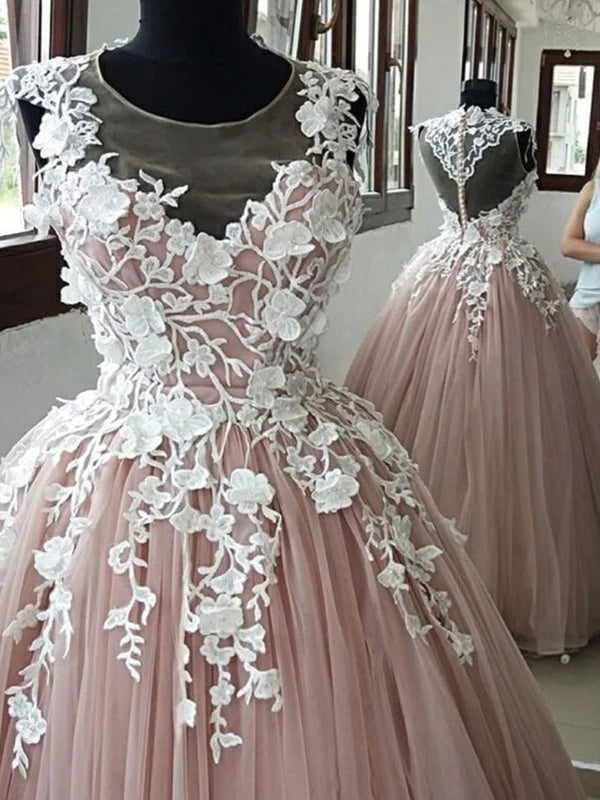 Full view of a woman in a sophisticated sleeveless lace prom dress.