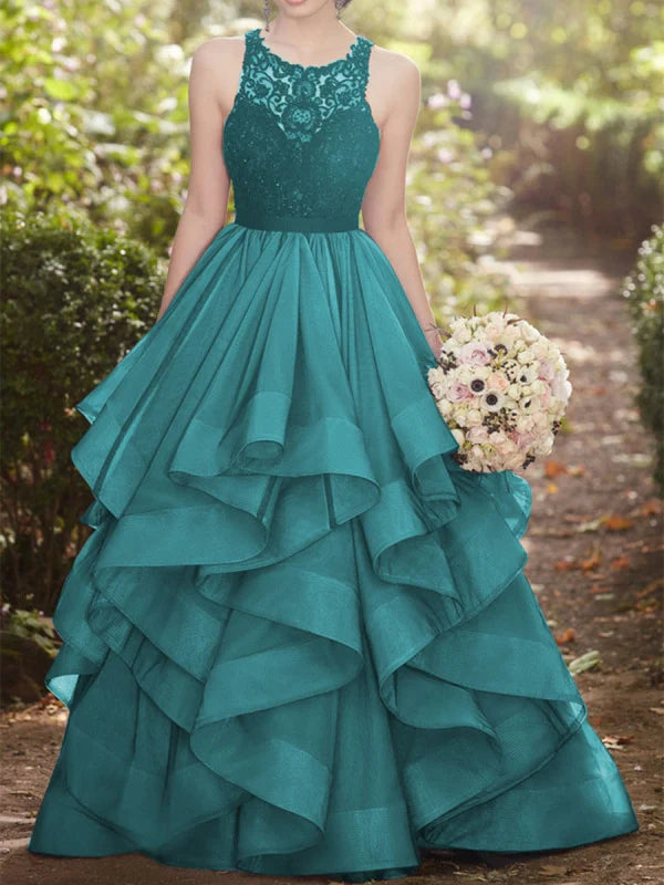 Elegant round neck long prom dress with lace bodice and flowing tulle skirt.