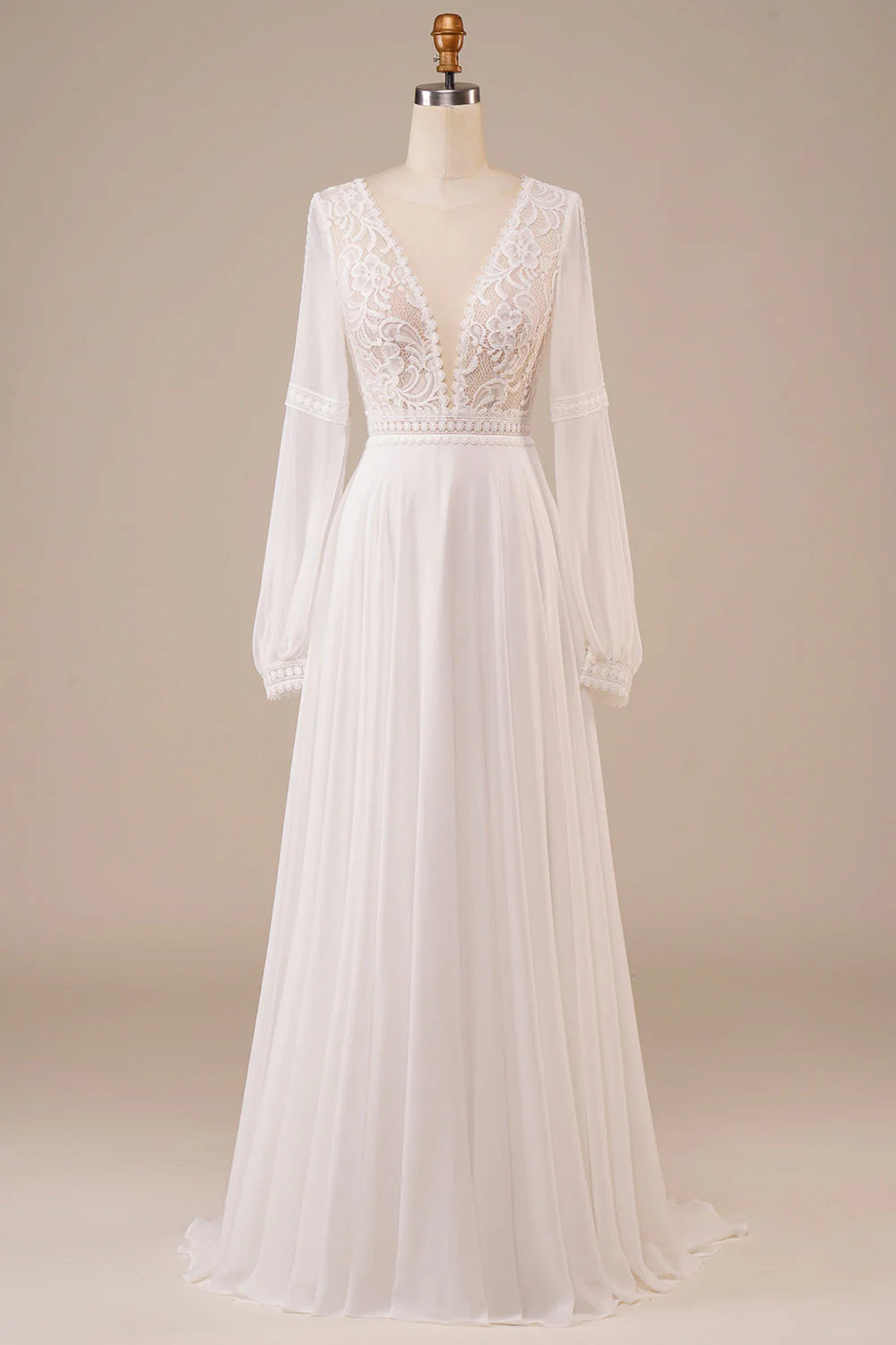 Elegant ivory A-line wedding dress with long lace sleeves and a round neckline.