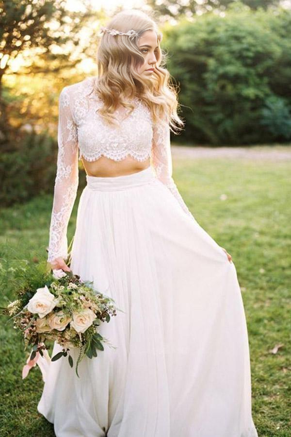 Back view of the two-piece A-line wedding dress, showcasing the delicate lace top and full skirt.