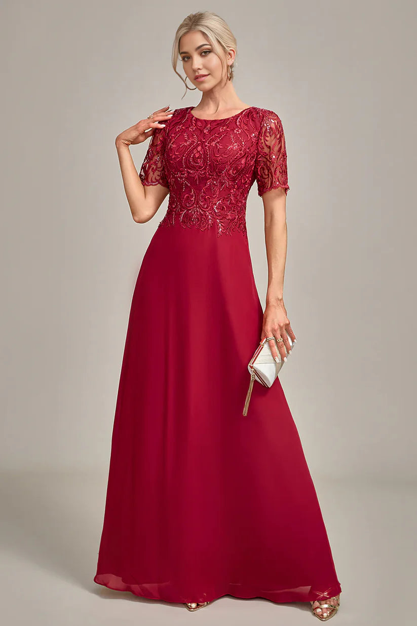 Elegant A-line mother of the bride dress with sequin appliques.