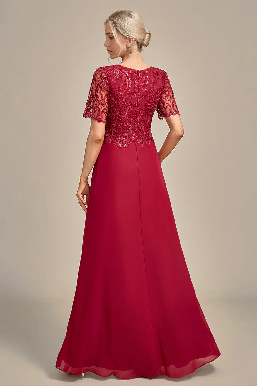 Elegant A-line mother of the bride dress with sequin appliques.
