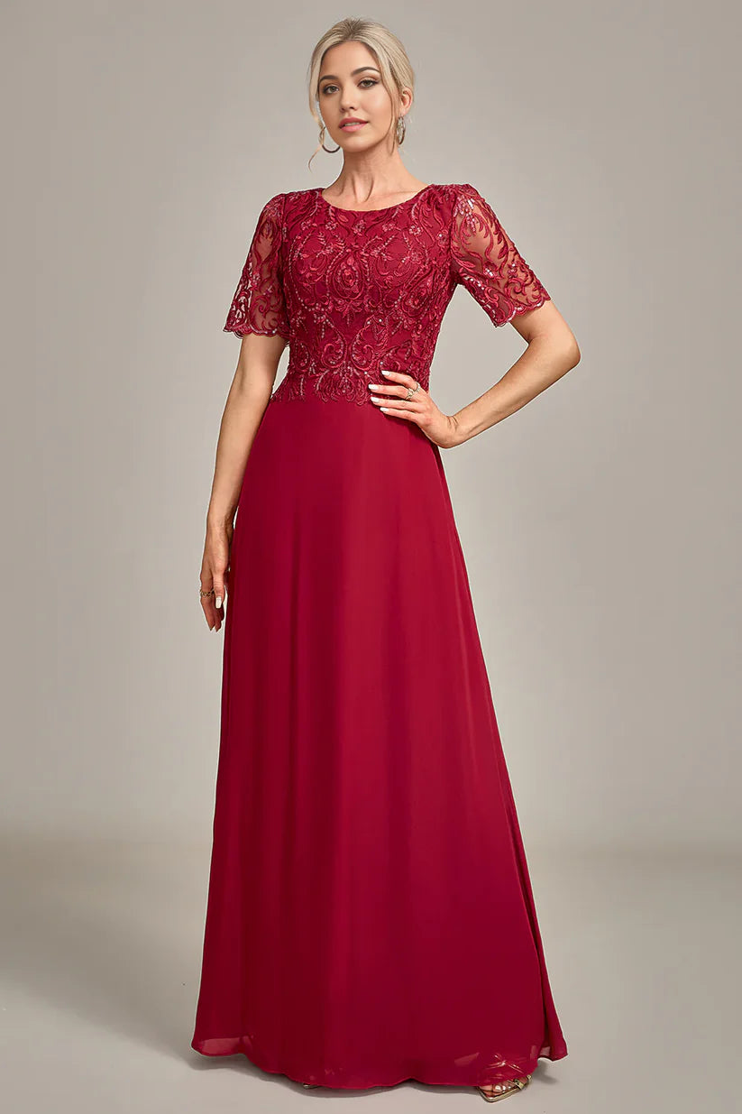 Elegant A-line mother of the bride dress with sequin appliques.