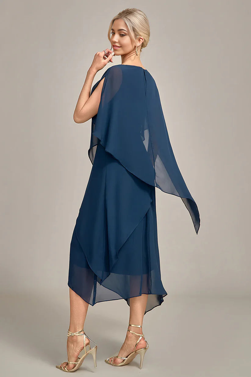 Side view of the A-line sequin gown with round neck.