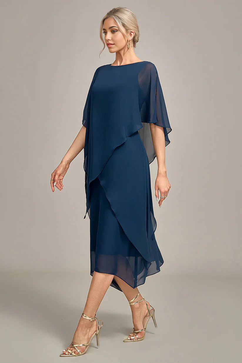 Full length view of the sequined A-line formal dress.