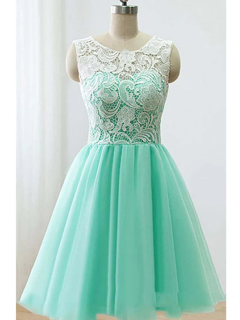 Elegant A-line short lace dress with a round neck, suitable for formal events.