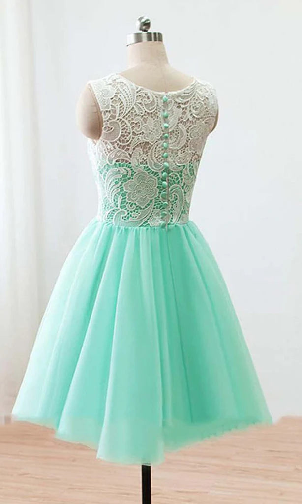 Side view of a short lace A-line dress, highlighting the delicate lace detail.