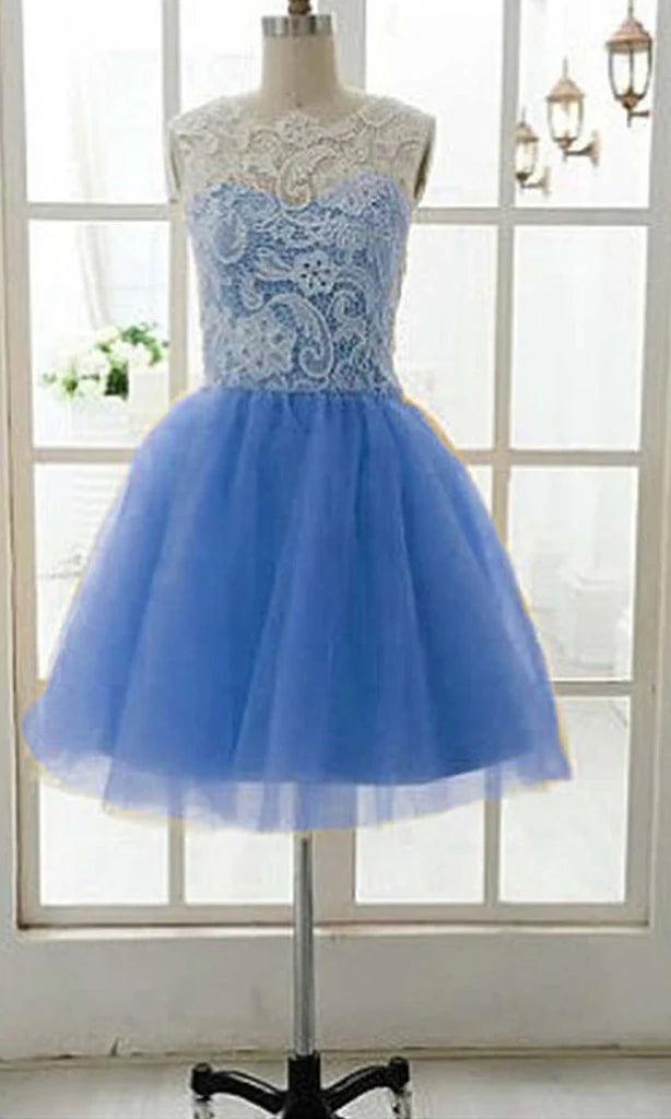 Back view of a round neck short lace dress, showcasing its elegant silhouette.
