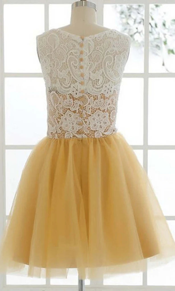 Close-up of the lace fabric on a short A-line dress.