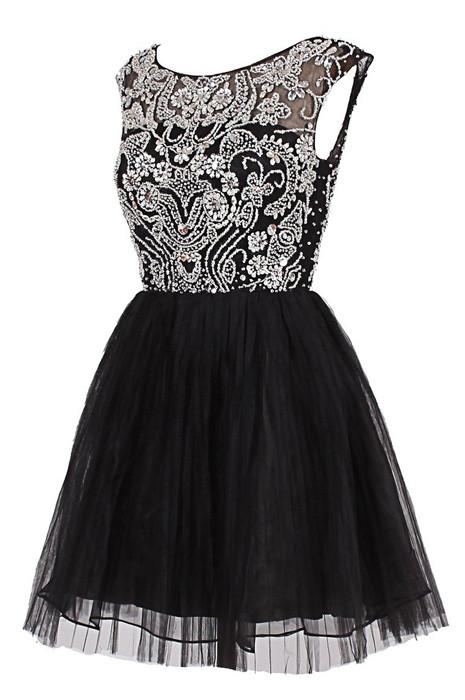 Back view of the short A-line prom dress.