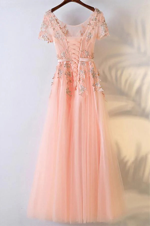A-line formal dress with round neck and short sleeves.