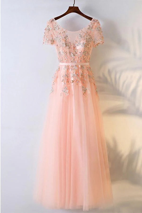 Elegant A-line maxi prom dress with a round neck and short sleeves.