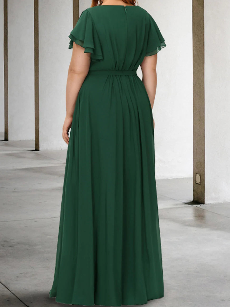 Full view of the A-line short sleeve formal dress.