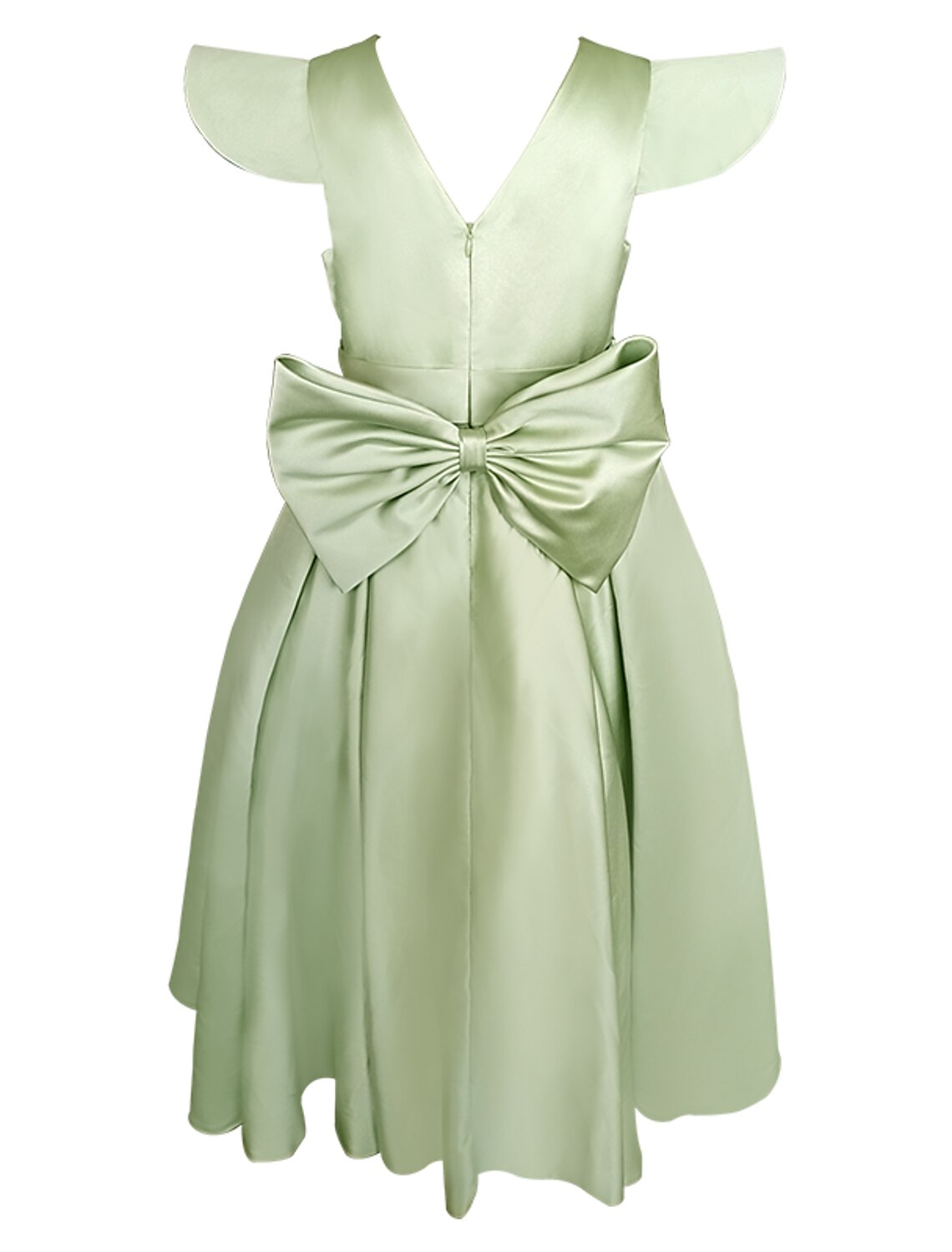 Front view of an elegant white A-line flower girl dress with a round neck.