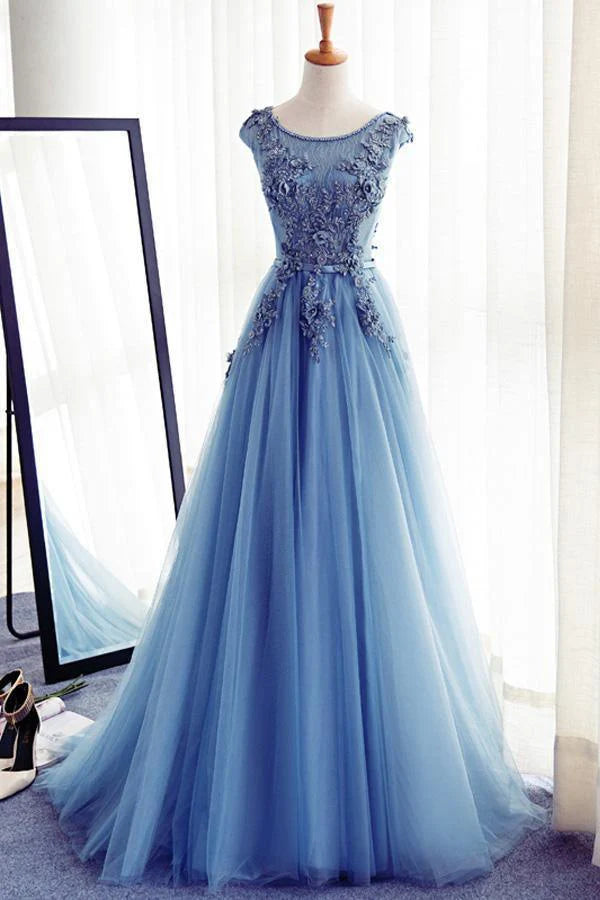 Elegant A-line tulle lace long prom dress.