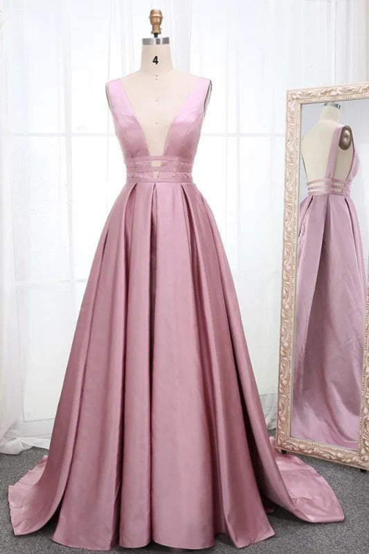 Elegant A-line ruched V-neck sleeveless maxi prom dress.
