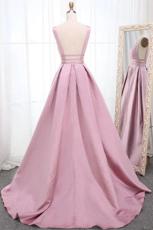 Side view of the A-line ruched V-neck sleeveless maxi prom dress.