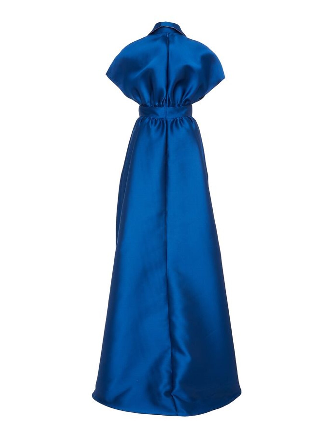 Full view of the elegant A-line satin gown with shirt collar and pleats.