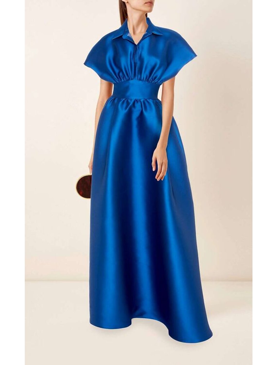 Back view of the floor-length formal gown, highlighting the short sleeves.