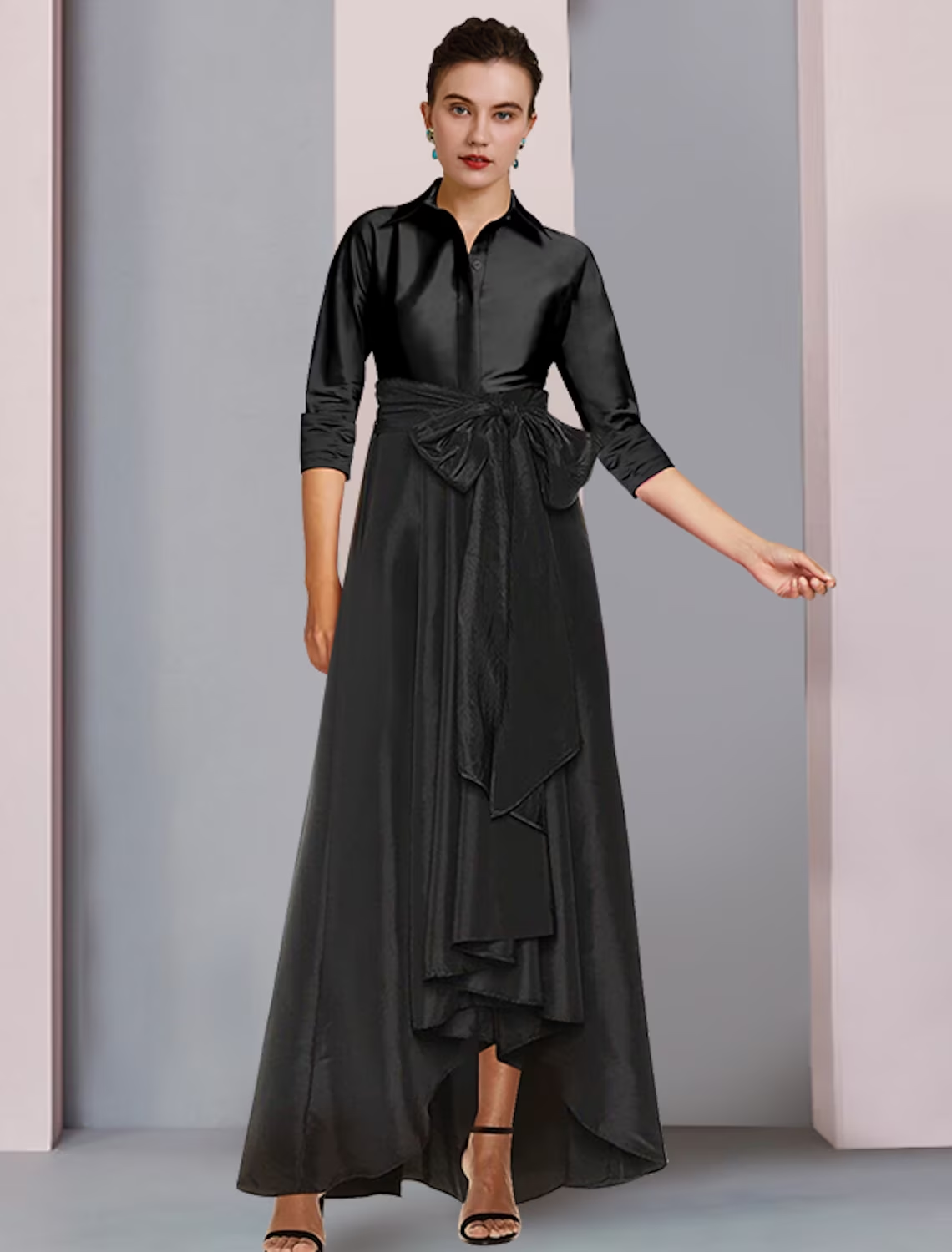Plus size Mother of the Bride A-line satin dress with high-low hem and 3/4 sleeves.