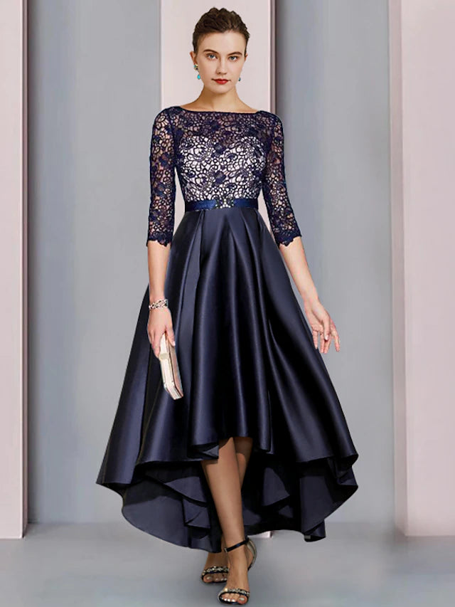 Elegant A-Line Mother of the Bride dress with scoop neck, half sleeves, and high-low tea length hem.