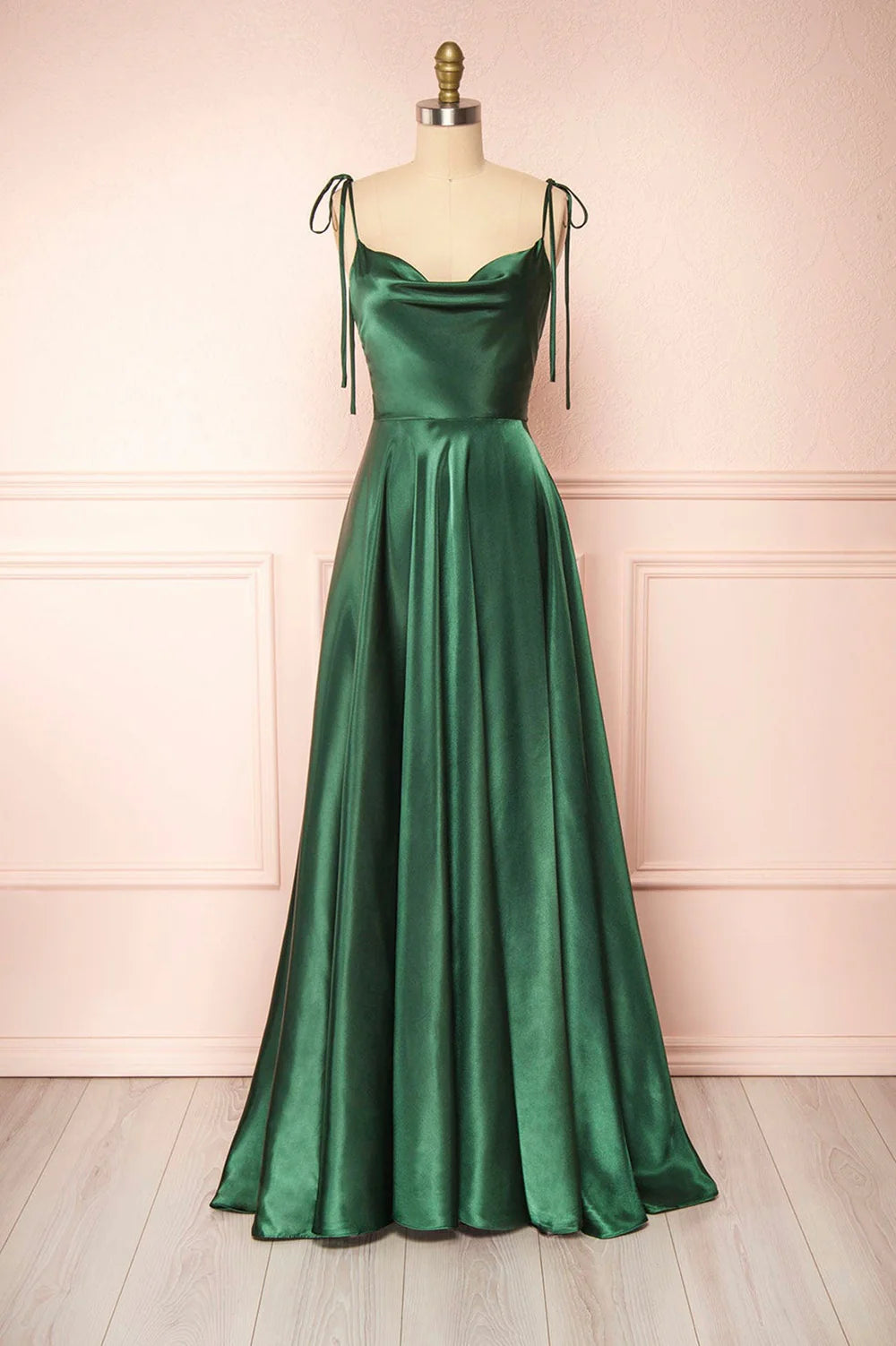 Elegant A-line satin prom dress with spaghetti straps in a vibrant color.