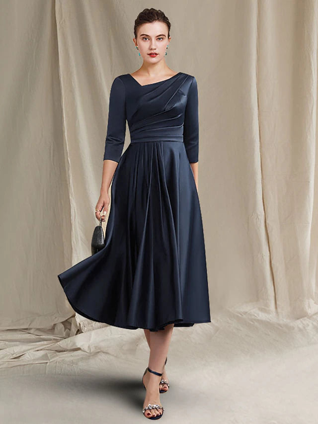 Elegant A-Line satin V-neck tea length dress with half sleeves.