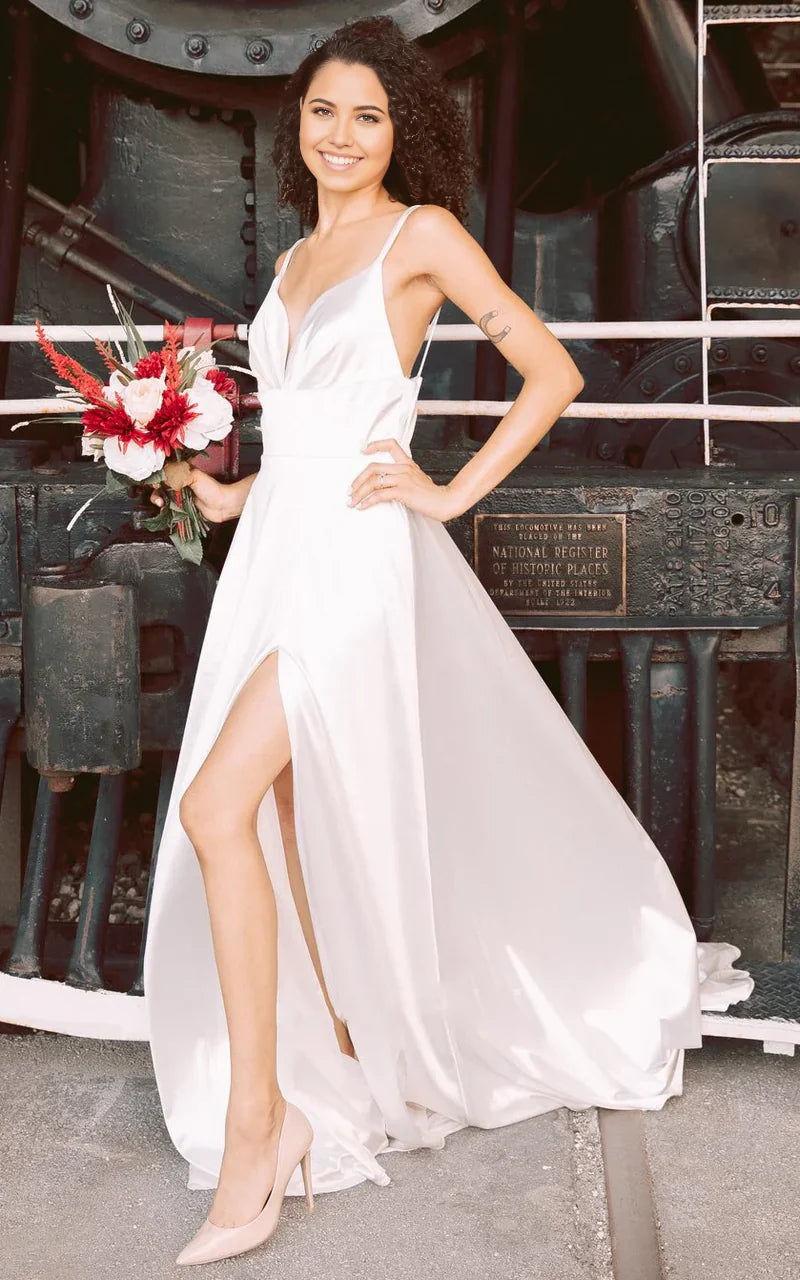 Elegant A-Line satin wedding dress with plunging neckline and open back.