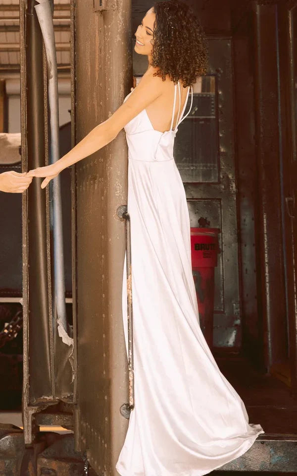 Full view of the A-Line satin wedding dress featuring a split front.
