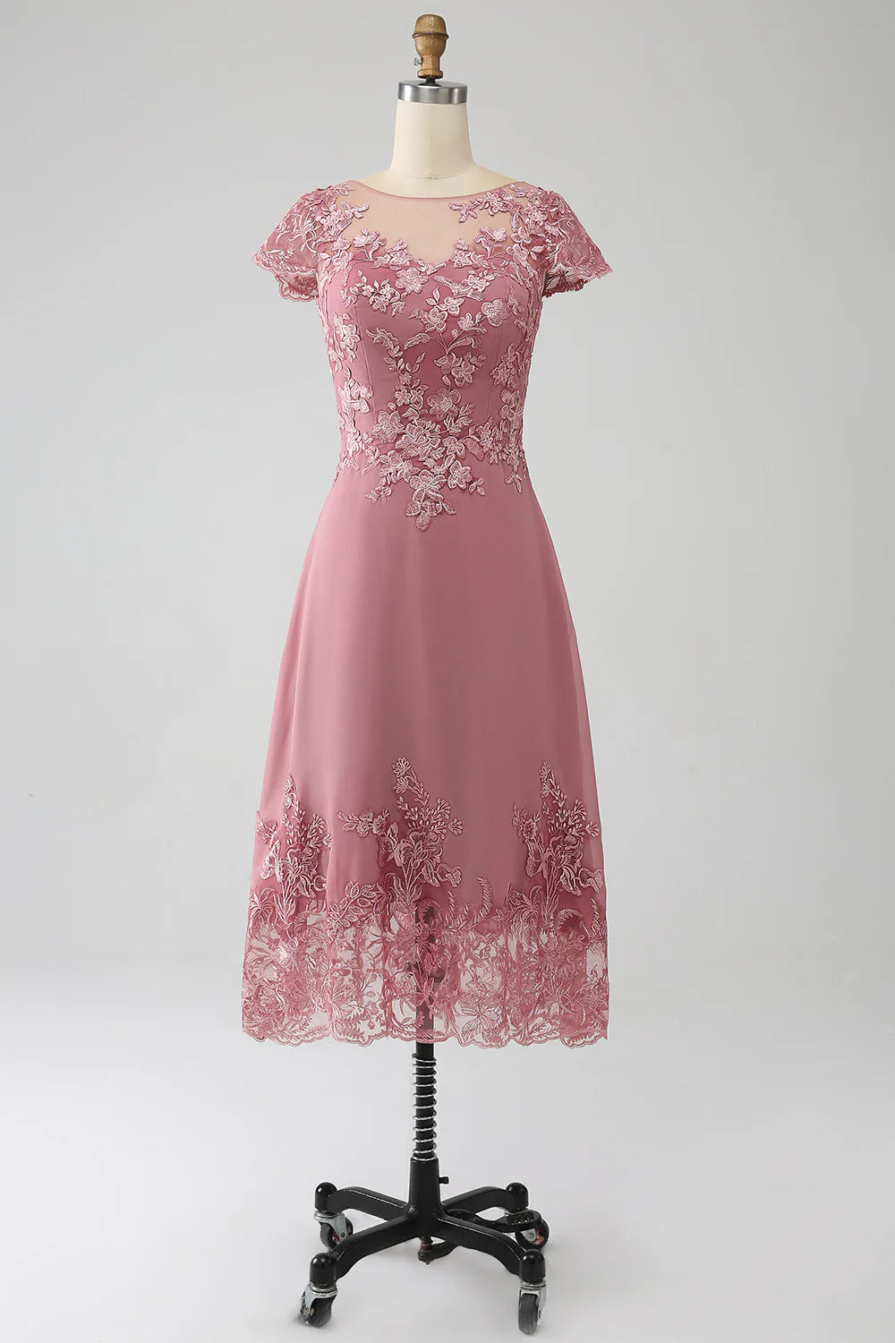 Elegant A-line Mother of the Bride dress in dusty rose with scoop illusion neckline and sequins.
