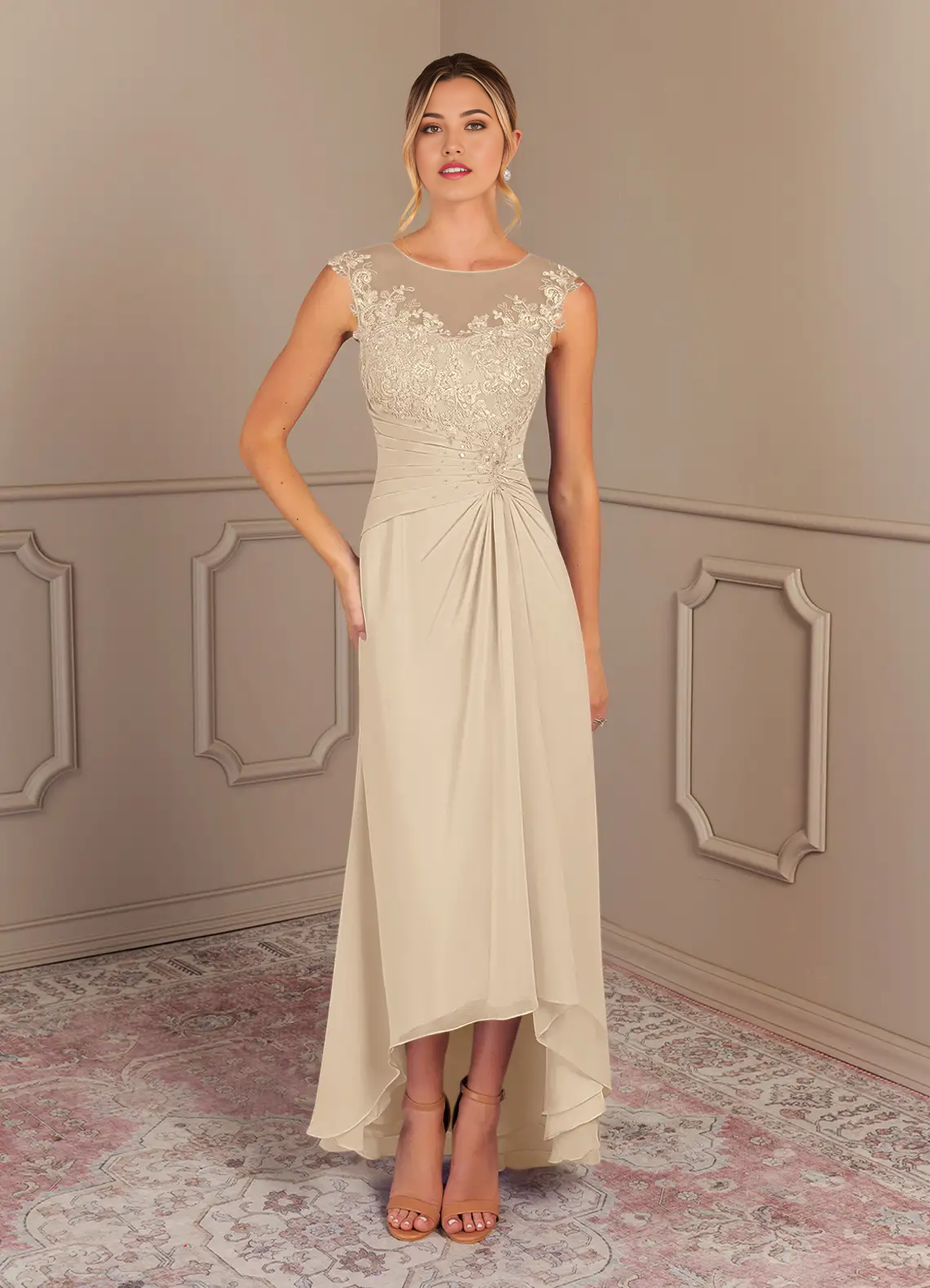 Full view of the Champagne A-Line Scoop Lace Chiffon Mother of the Bride Gown.