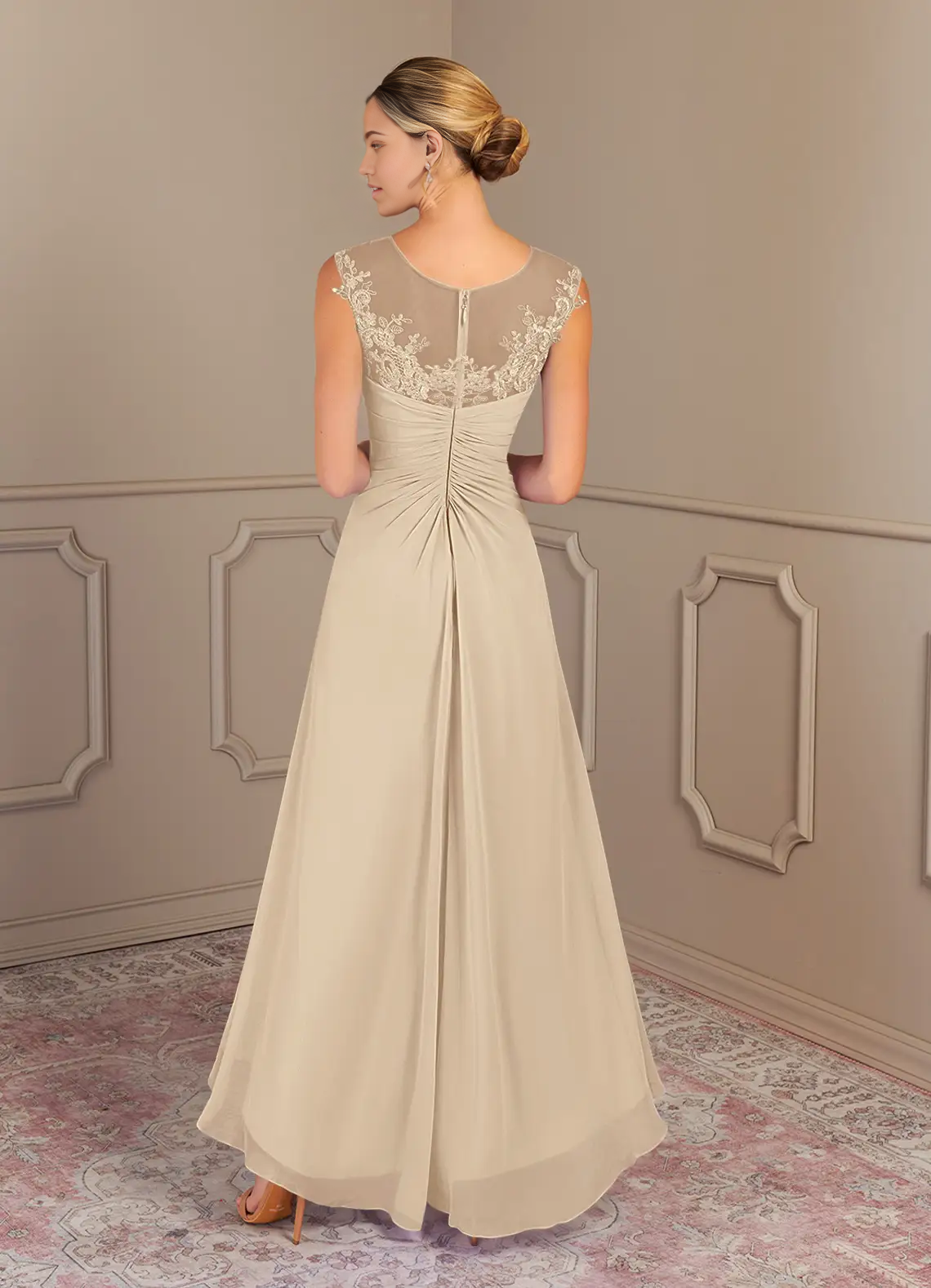 Close-up of the delicate lace bodice and scoop neckline of the gown.