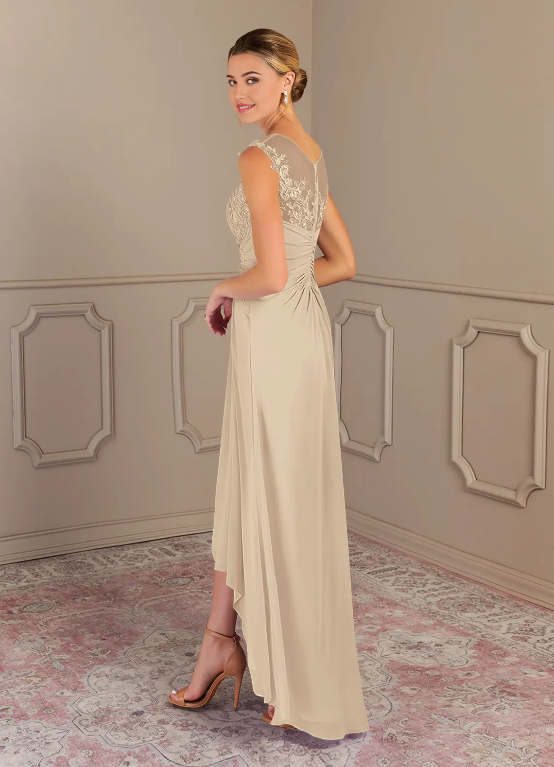 Side view of the flowing chiffon skirt and elegant silhouette of the formal dress.