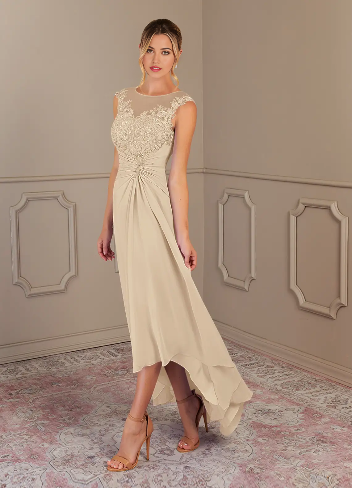 Back view of the Champagne A-Line gown, highlighting its formal design.