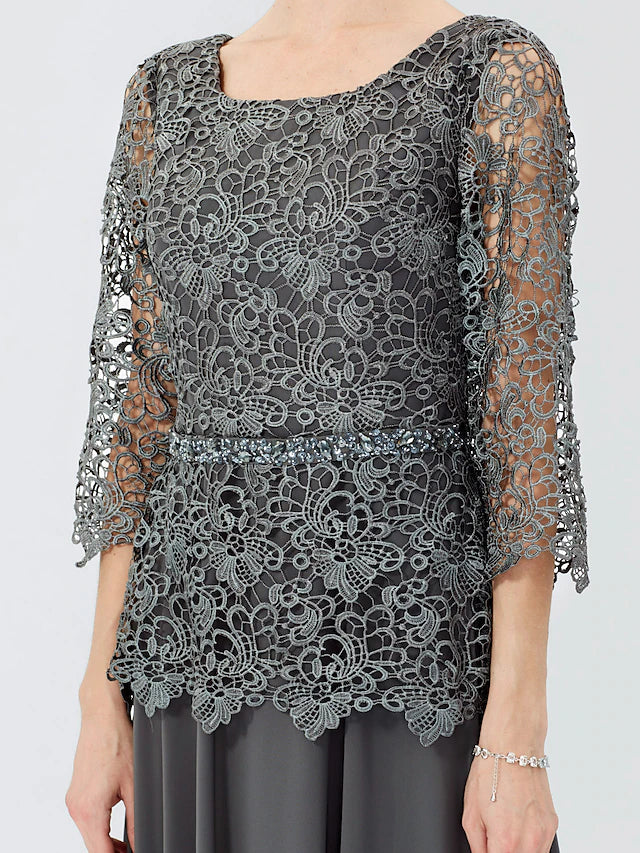Side view of a chiffon and lace Mother of the Bride dress.