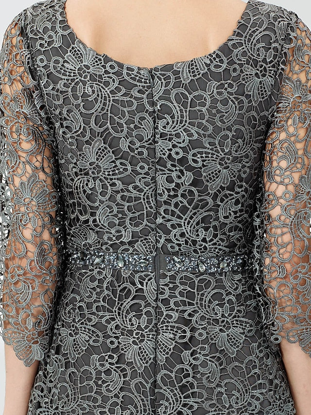 Close-up of the corded lace and beading detail on a formal gown.