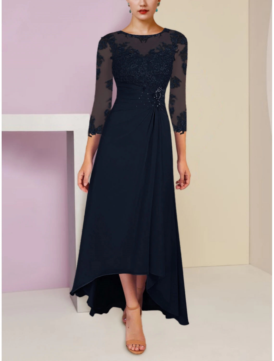 Elegant A-Line Mother of the Bride dress in chiffon with scoop neck and 3/4 sleeves, featuring lace and sequin details.