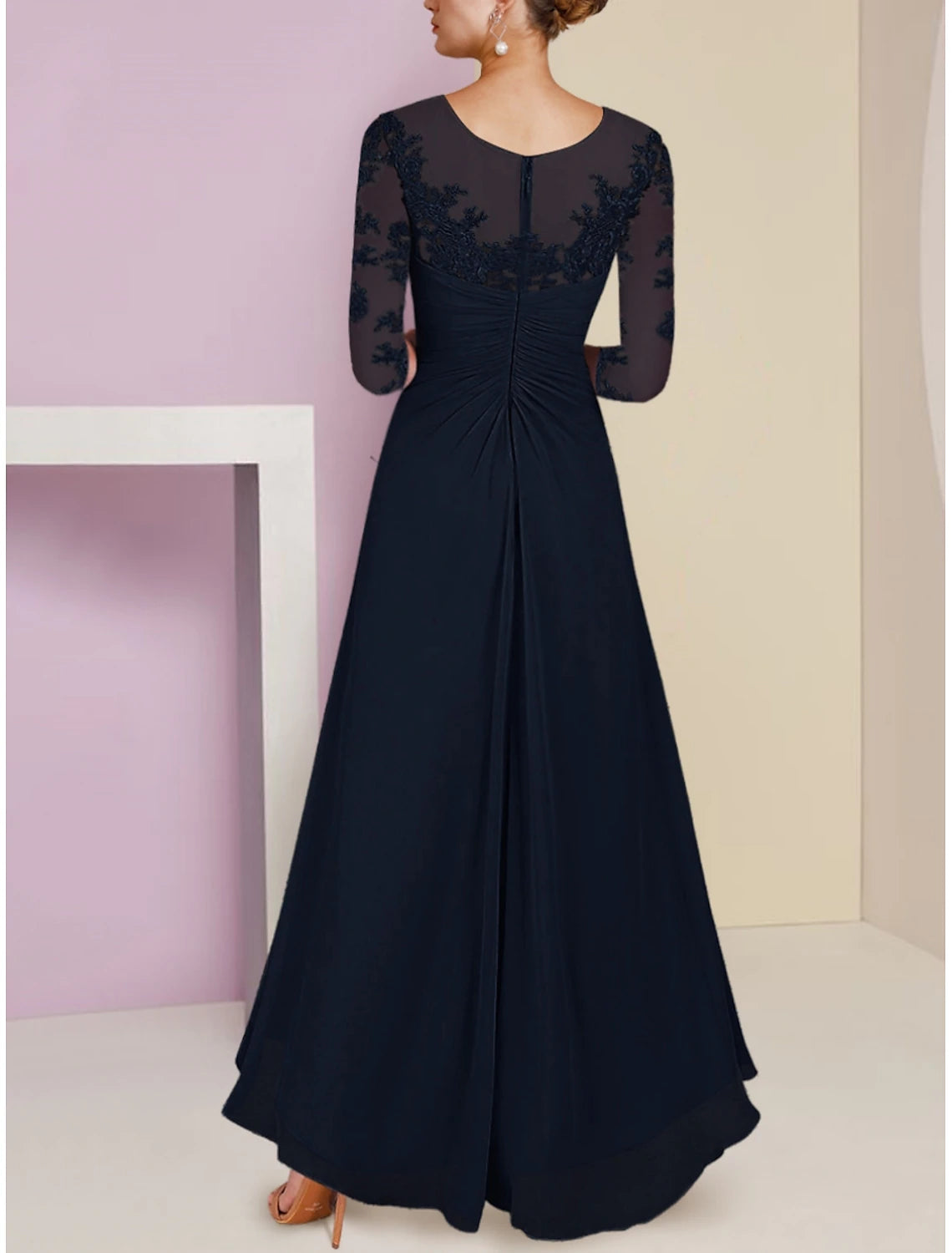 Back view of the elegant A-Line chiffon dress, showing asymmetrical ankle length and ruching.