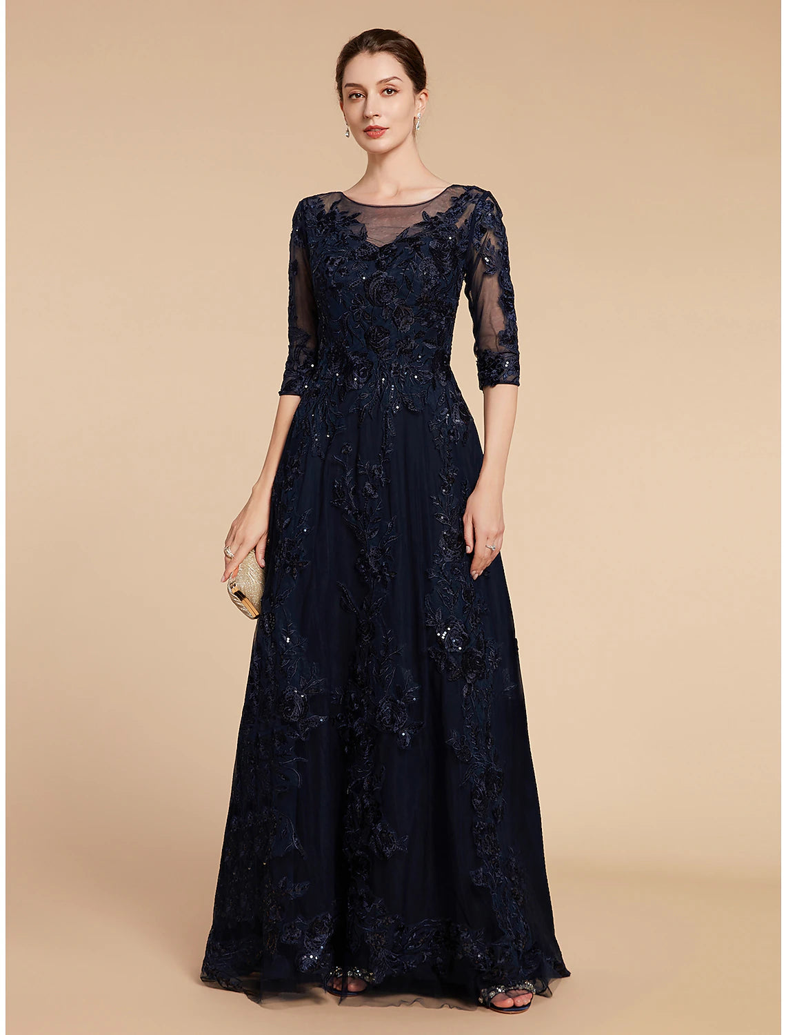 Full view of the A-line formal dress, highlighting the chiffon and lace fabric.