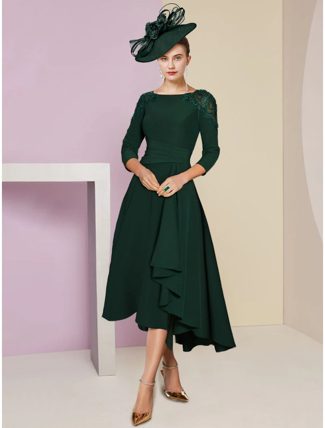 Elegant A-Line Mother of the Bride dress with scoop neck and 3/4 sleeves.