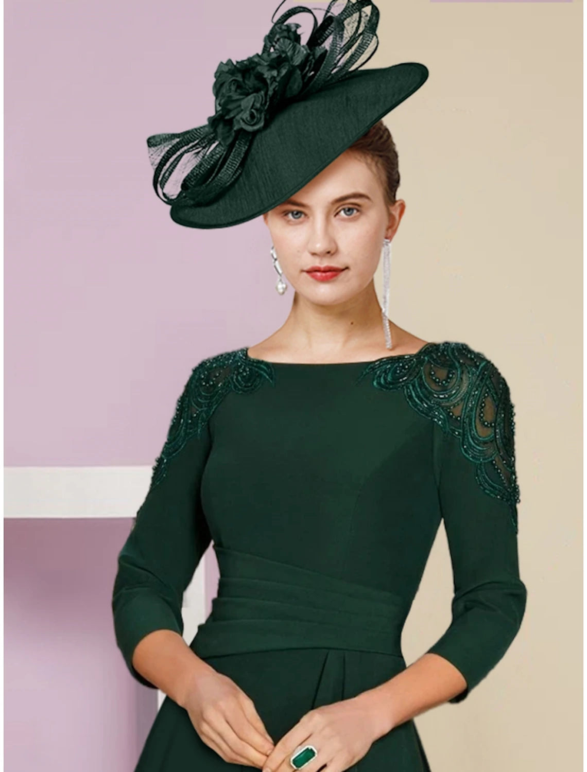 Side view of A-Line dress, highlighting the asymmetrical hem and sequin details.