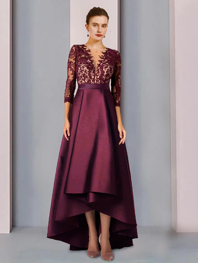 Elegant A-Line Mother of the Bride dress with scoop neck and 3/4 sleeves, featuring satin lace and appliques.