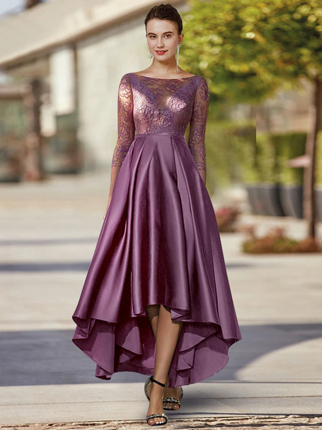 Elegant A-Line Mother of the Bride dress with scoop neck and 3/4 sleeves.