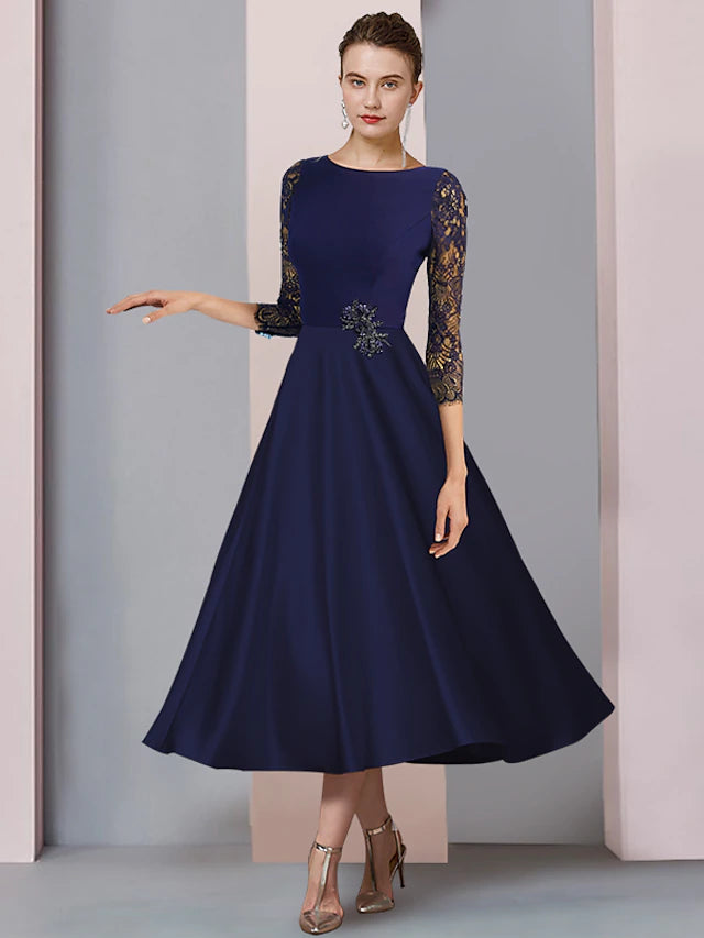 Elegant A-line Mother of the Bride dress with scoop neck and 3/4 lace sleeves.