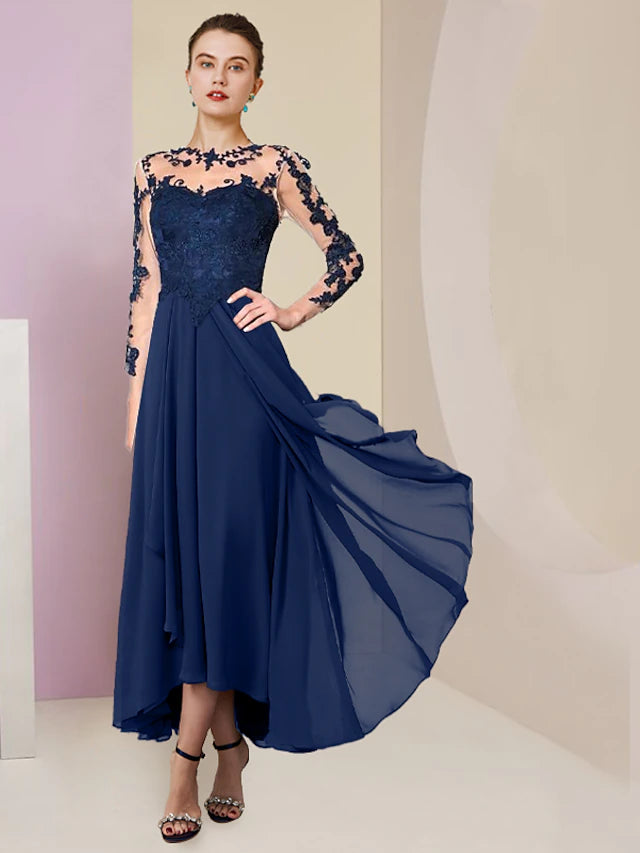 Elegant A-Line Mother of the Bride dress with scoop neck and 3/4 sleeves.